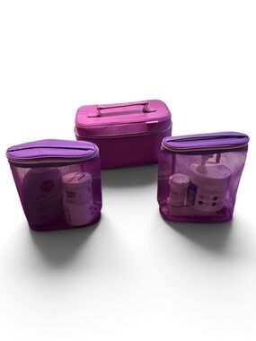 Clinique Bright Magenta Travel Cosmetic Case with 2 mesh bags inserts New wo tag